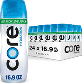 Core front-packaging showing 0.5 L bottles and branding, highlights balanced hydration