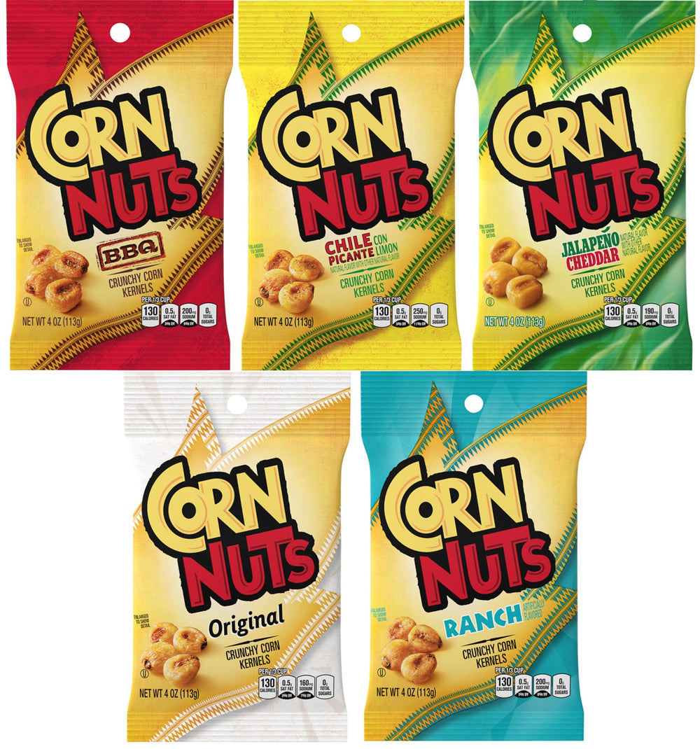 Corn Nuts variety pack front view showing all five 4oz bags and branding benefit of flavor selection