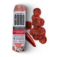 Coro hot sopressata front packaging showing bold spice and ready-to-serve benefit