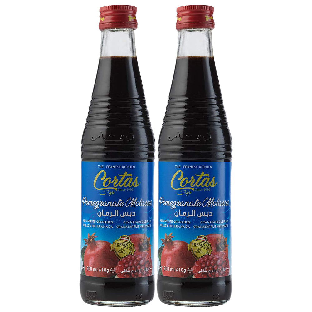 Cortas pomegranate molasses front packaging showing two 10 oz bottles, convenient pantry supply