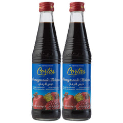 Cortas pomegranate molasses front packaging showing two 10 oz bottles, convenient pantry supply