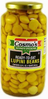 Cosmo's front jar view showing label and ready-to-eat lupini beans, convenient pantry staple
