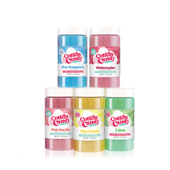 Cotton Candy Express front packaging showing five flavored 11oz jars for quick party treats