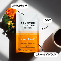 Counter Culture Even Keel bag label detail focusing on organic and B Corp certifications