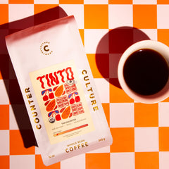 Counter Culture bag label detail with sourcing and B Corp badge benefit