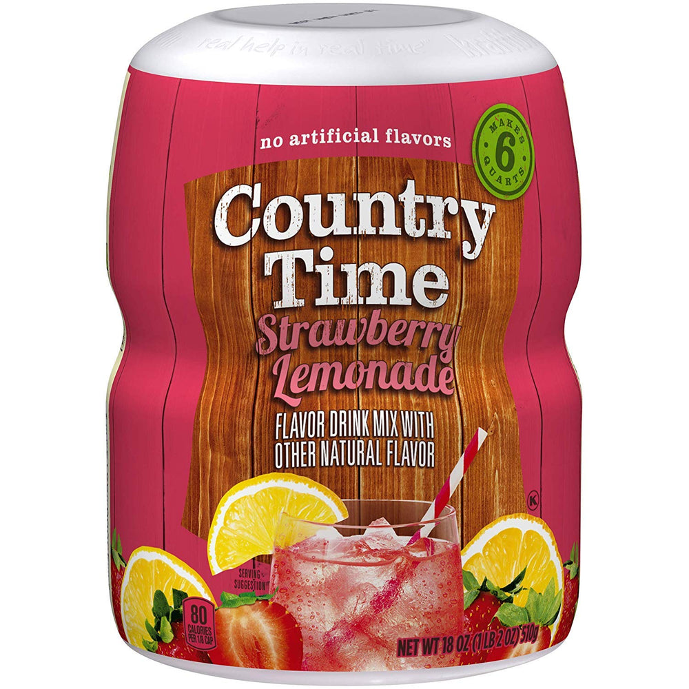 Country Time front canister showing label and resealable lid for convenient storage