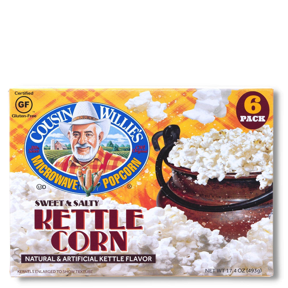 Cousin Willie's front box showing kettle corn packaging and easy sharing