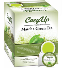Cozy Up front packaging showing matcha K-Cup box and branding with clear product benefit