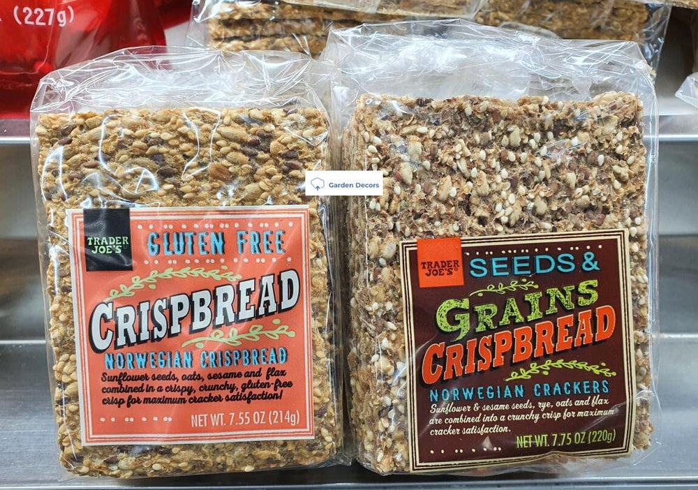 Cracker Trader Joe’s front packaging showing both Norwegian crispbread bags and serving ideas