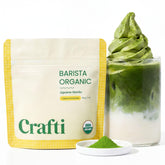 Crafti matcha tin front view showing premium packaging and clear origin label