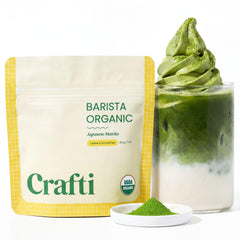 Crafti matcha tin front view showing premium packaging and clear origin label