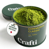 Crafti tin front view showing brand and matcha packaging benefit freshness