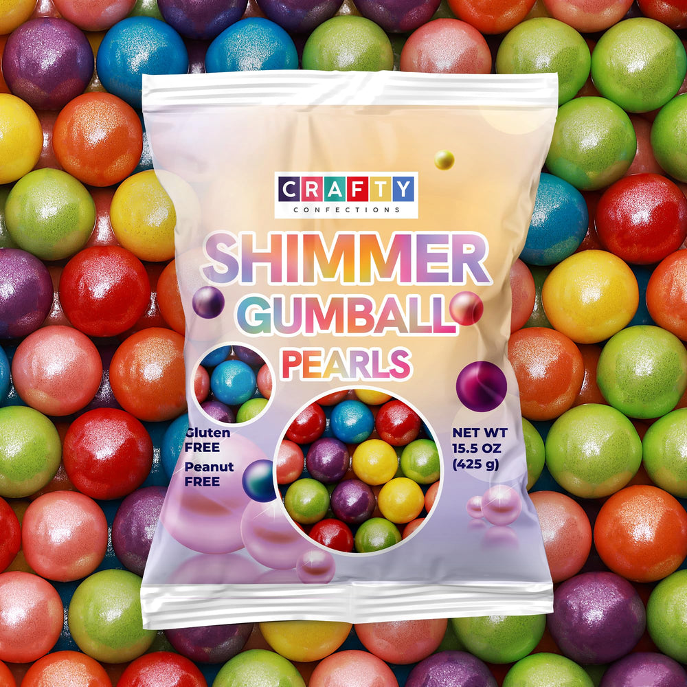 Crafty Confections front bag showing 15 oz shimmer gumballs and vibrant colors