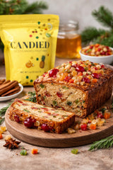 crait candied fruit sprinkled on fruitcake slice improving color and presentation