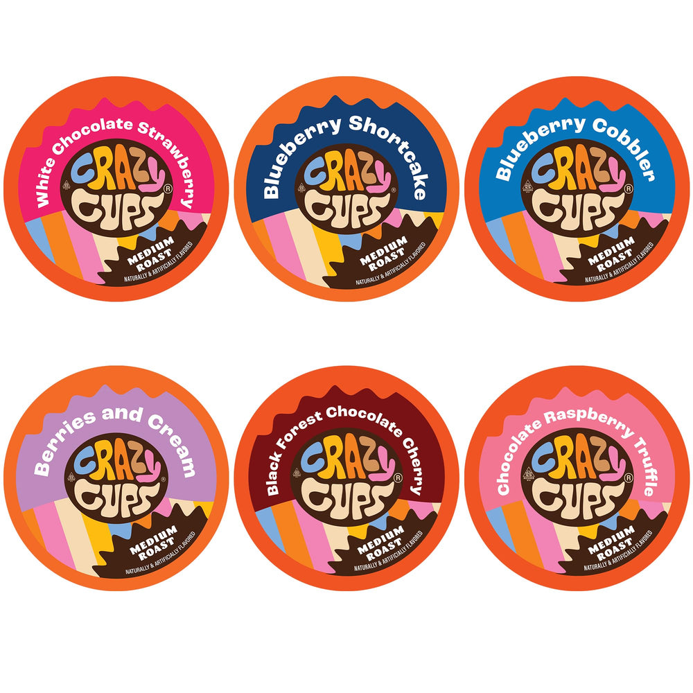 Crazy Cups front packaging showing variety pack and vibrant berry artwork for quick selection