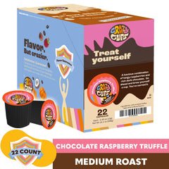 Crazy Cups brewed hot cup displaying rich aroma and dessert-like chocolate raspberry notes