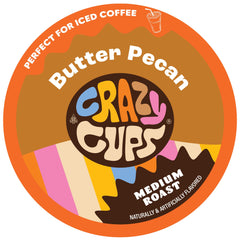 Crazy Cups front packaging of Butter Pecan Swirl showing 22-count and recyclable icon, flavorful variety