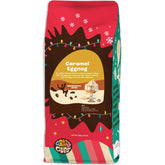 Crazy Cups front bag showing caramel eggnog flavor and festive design benefits convenience