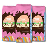 Crazy Cups front package view showing three 10 oz bags and flavor name benefits