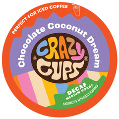 Crazy Cups box front showing Chocolate Coconut Dream branding and benefits