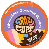 Crazy Cups front packaging showing Chocolate Coconut Dream and 22 pods benefit convenience