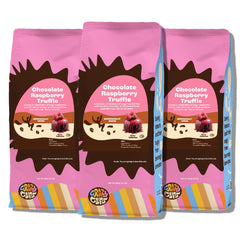 Crazy Cups front packaging showing chocolate raspberry flavor and 3-pack benefits