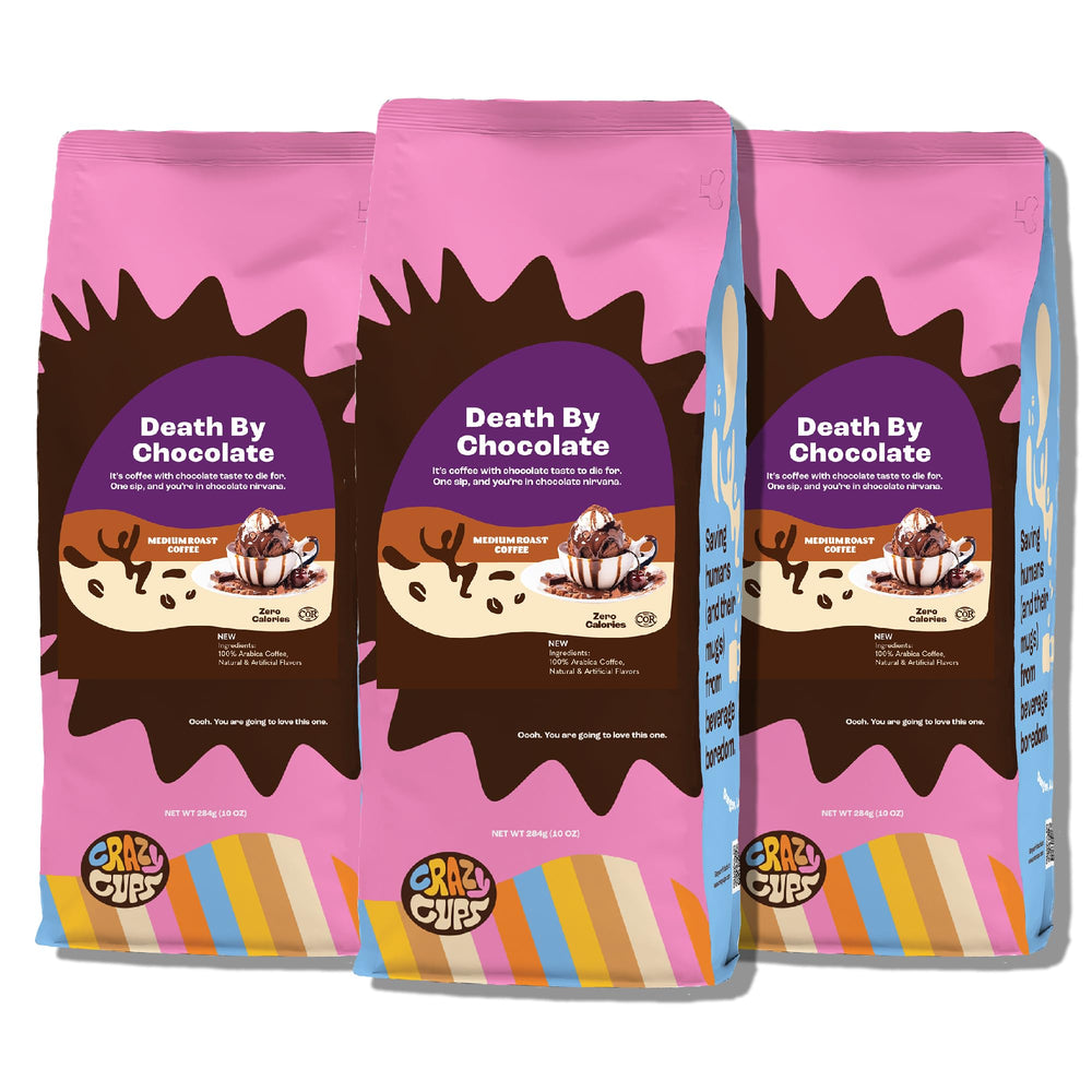 Crazy Cups front packaging showing 10 oz bag and rich chocolate appeal