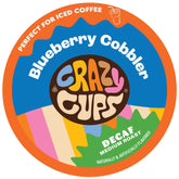 Crazy Cups front packaging showing decaf blueberry cobbler flavor and 22 count benefit