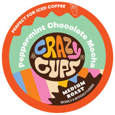 Crazy Cups front box showing peppermint chocolate mocha flavor and cup count benefit