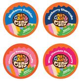 Crazy Cups front box showing decaf blueberry variety pack and colorful artwork, inviting taste exploration