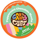 Crazy Cups front packaging showing peppermint chocolate mocha and recyclable pods benefit convenience