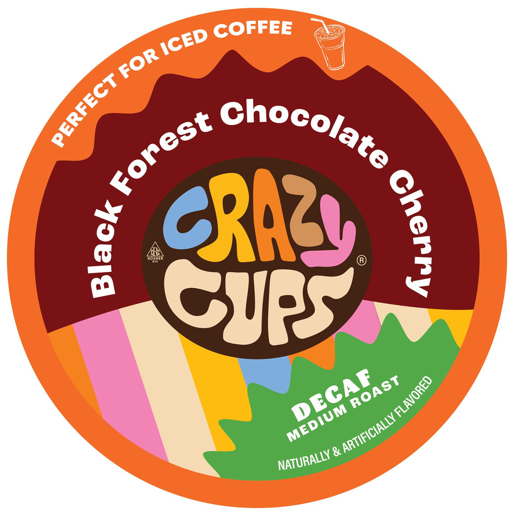 Crazy Cups front packaging showing decaf black forest chocolate cherry pods and count