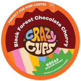 Crazy Cups front packaging showing decaf black forest chocolate cherry pods and count