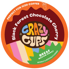 Crazy Cups front packaging showing decaf black forest chocolate cherry pods and count