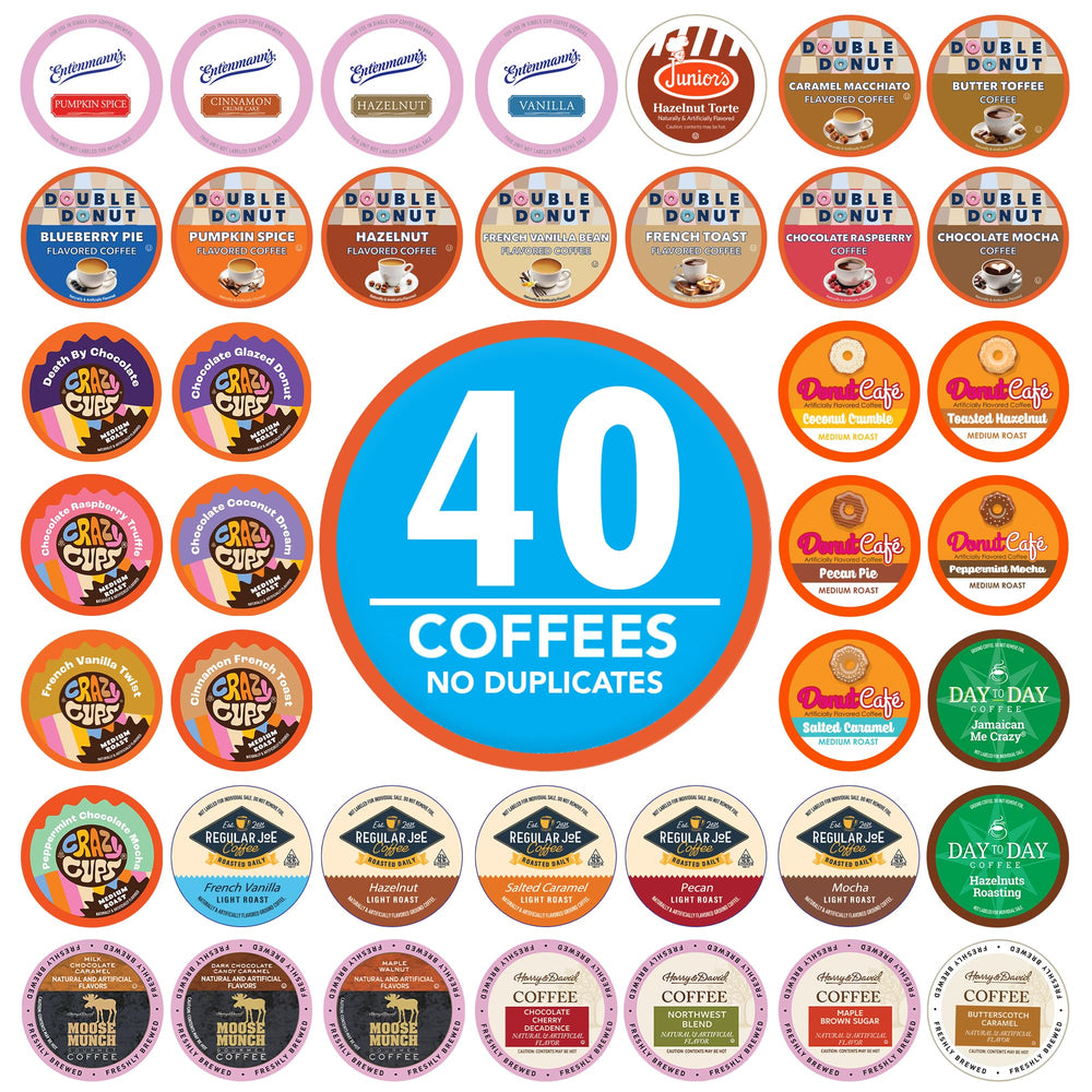 Crazy Cups front packaging showing 40-count sampler and variety benefits