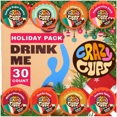 Crazy Cups holiday box front showing festive packaging and flavor variety benefits