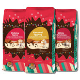 Crazy Cups holiday pack front view showing three 10 oz bags and festive benefit