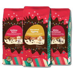 Crazy Cups holiday pack front view showing three 10 oz bags and festive benefit