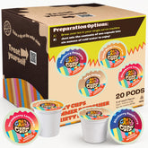 Crazy Cups front packaging showing variety pack and 20 pods for easy fruity refreshment