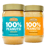 Crazy Richard's front packaging showing both creamy and crunchy jars, highlights clean ingredients