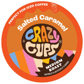 Crazy Cups front packaging showing 22-count salted caramel pods and benefit of indulgent flavor