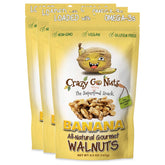 CrazyGoNuts front packaging showing banana glazed walnuts and benefits