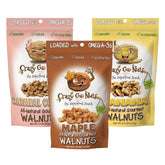 CrazyGoNuts front packaging sampler showing three 4.5 oz pouches and benefits