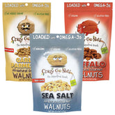 CrazyGoNuts front packaging shows three 4.5oz savory sampler packs, convenient portioning benefit