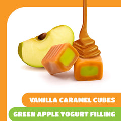 CRAZYOUTLET candy cross-section revealing green apple yogurt filling and flavor contrast
