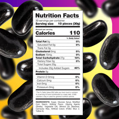 CRAZYOUTLET loose black licorice jelly beans spilled on table for visual appeal and ready serving