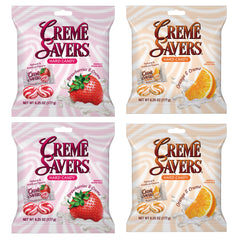 Crème Savers front packaging showing strawberry and orange crème variety and benefits