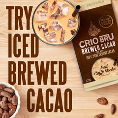 Close-up of Crio Bru ground cacao texture, showing fine roasted cacao grounds and rich color