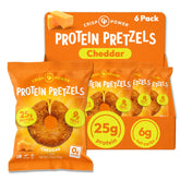 CRISP POWER front package showing cheddar protein pretzels and benefits