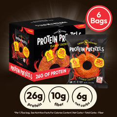 CRISP POWER open bag on table spilling pretzels to show portion size and ready-to-eat convenience
